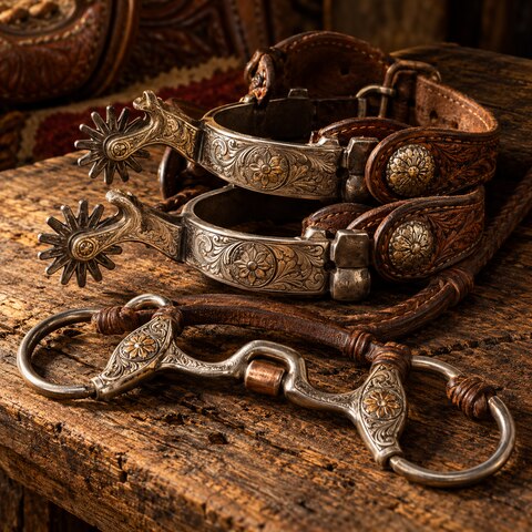Engraved Western spurs and a horse bit