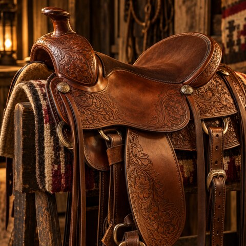 A tooled Western leather saddle