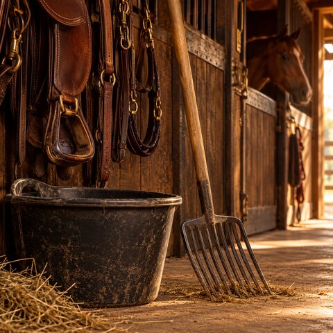 Bucket and tools in a wooden stable