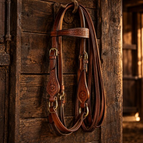 Leather bridle and reins in a stable