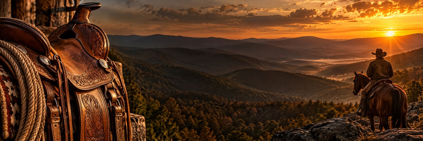 A tooled Western saddle overlooking a mountain valley and rider at sunset