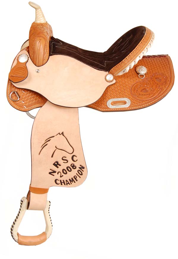Hand-tooled American Saddlery trophy saddle with personalized award details